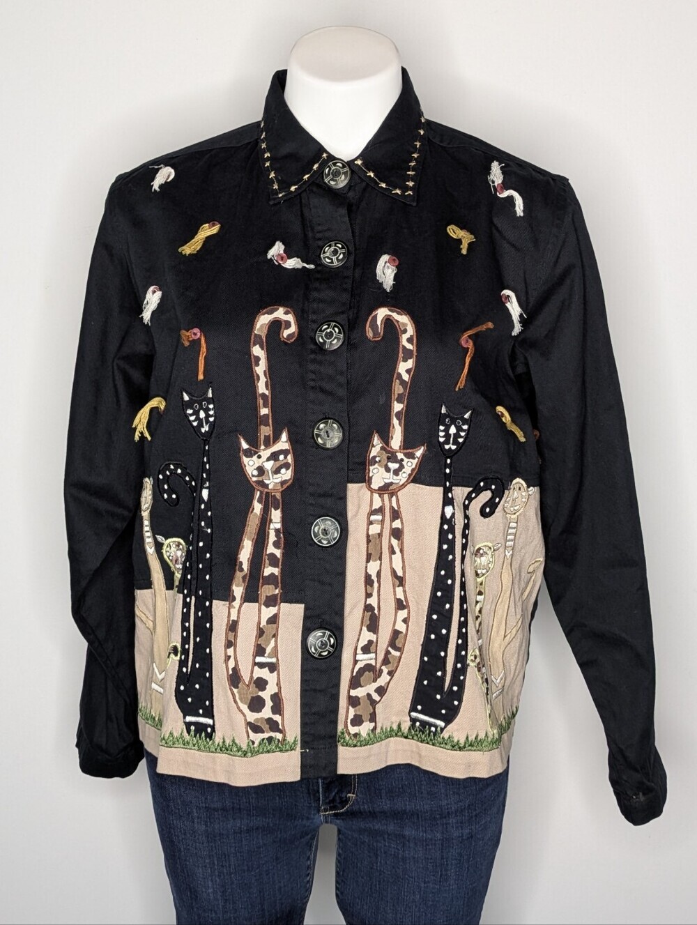 Vintage New Directions Black Brown Cat Button Up Lightweight Cotton Jacket M